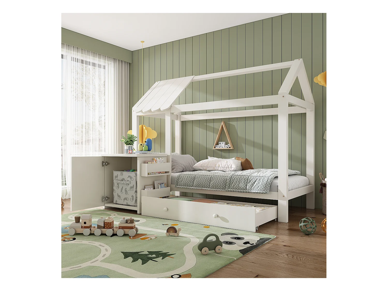 Lit maison Kinderbett 90x200 cm en bois massif avec tiroirs et table de chevet amovible, Blanc, sans matelas