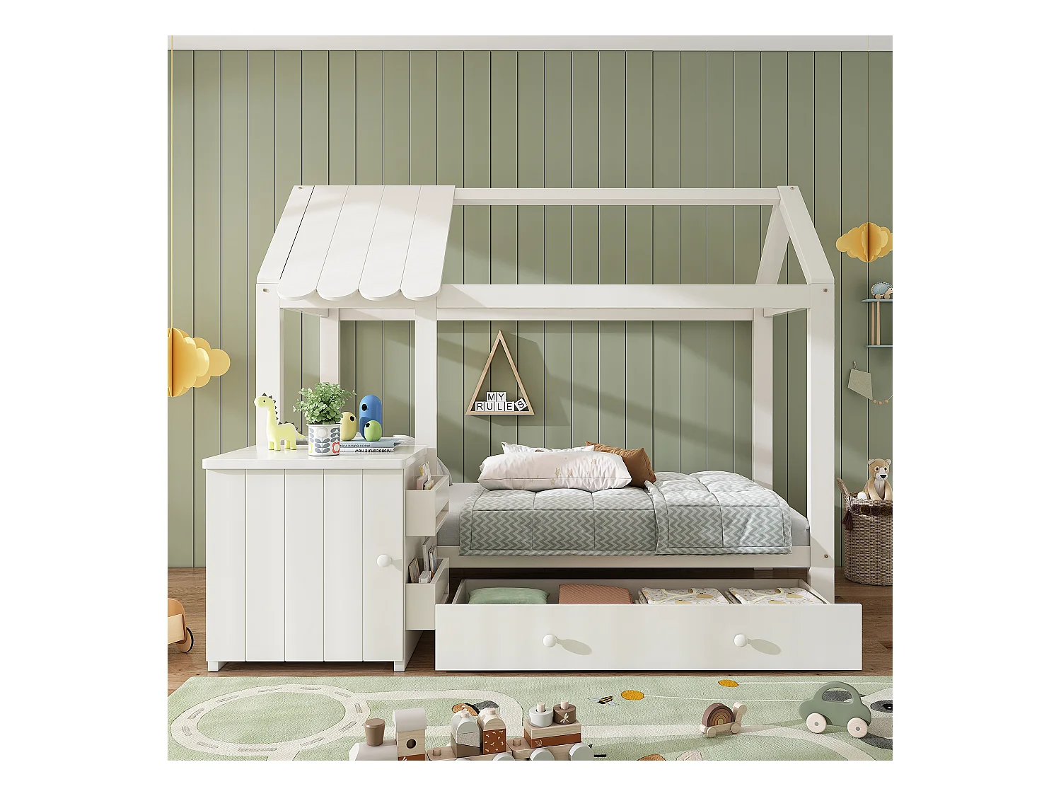 Lit maison Kinderbett 90x200 cm en bois massif avec tiroirs et table de chevet amovible, Blanc, sans matelas