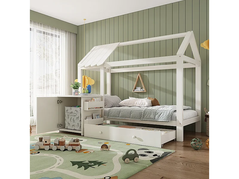 Lit maison Kinderbett 90x200 cm en bois massif avec tiroirs et table de chevet amovible, Blanc, sans matelas