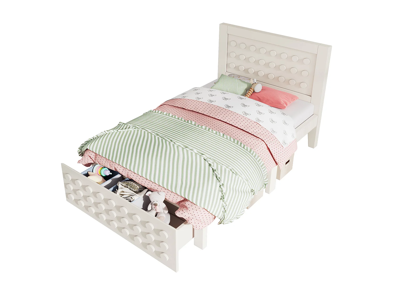 Lit en bois 90x190 cm, lit enfant design blocs, cadre massif avec sommier et tiroirs, blanc, sans matelas