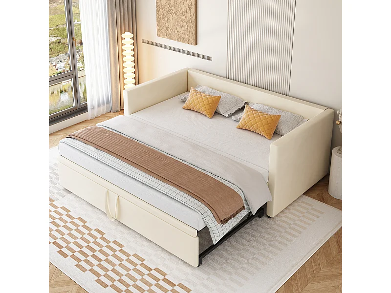 Canapé-lit extensible 90/180x200 cm avec sommier, lit multifonction en velours doux beige, design moderne