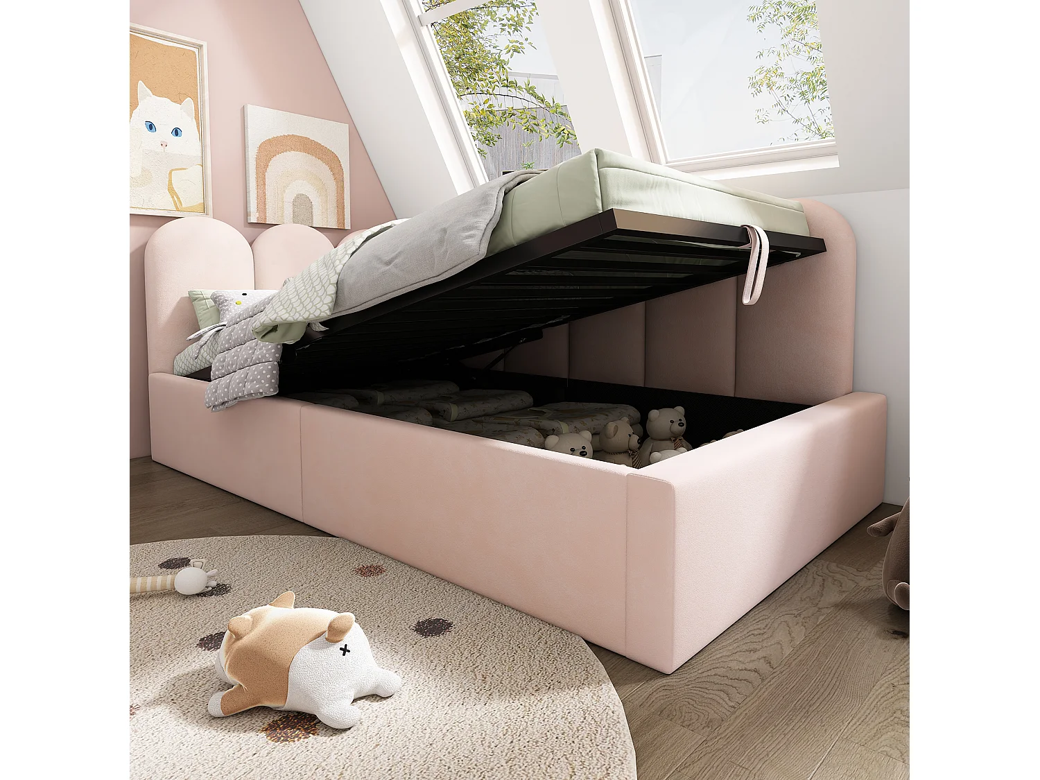 Lit banquette capitonné 90×190 cm, canapé-lit avec coffre hydraulique et sommier métallique, velours rose, sans matelas