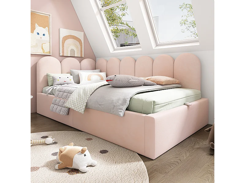 Lit banquette capitonné 90×190 cm, canapé-lit avec coffre hydraulique et sommier métallique, velours rose, sans matelas