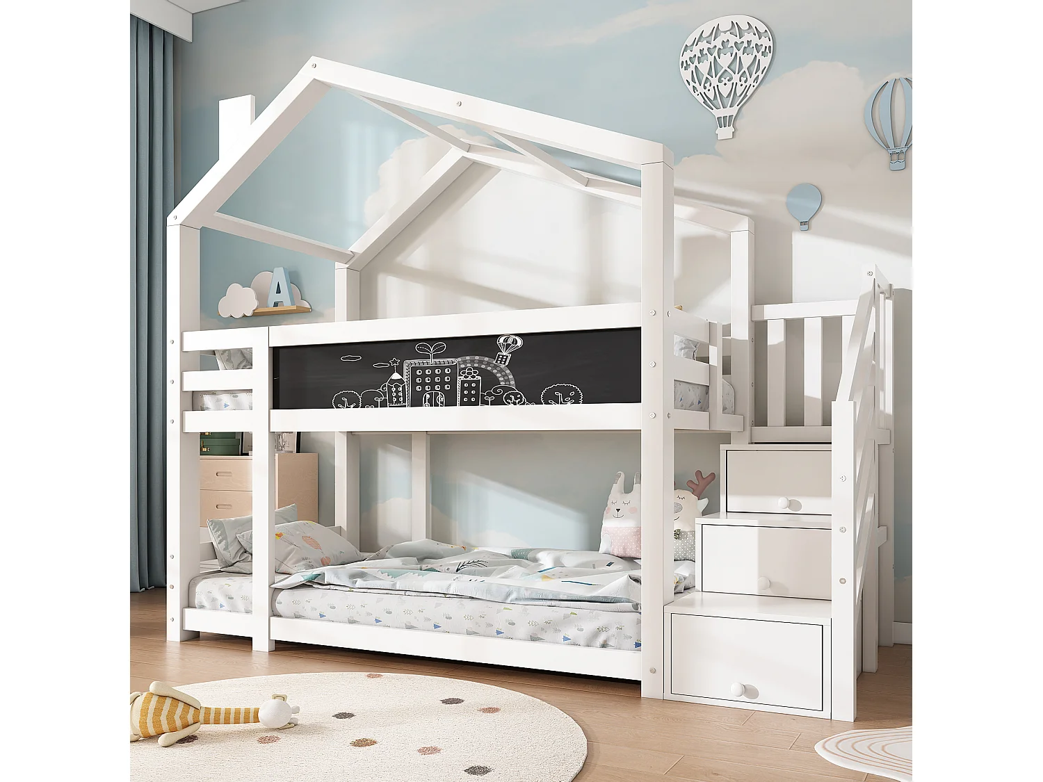 Lit cabane 90×200 avec cheminée, rangements & panneau ardoise, blanc, 2 sommiers (sans matelas)