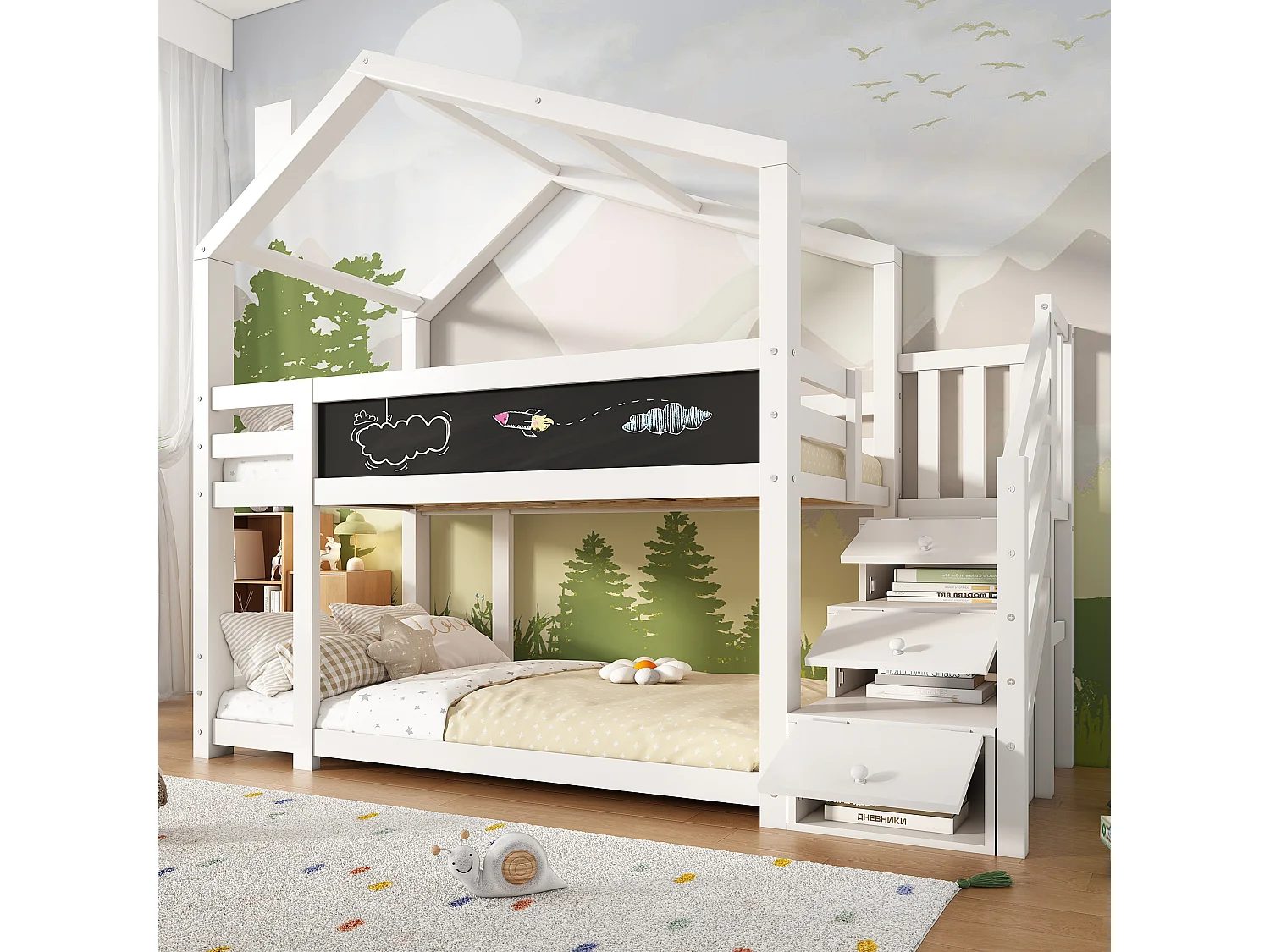 Lit cabane 90×200 avec cheminée, rangements & panneau ardoise, blanc, 2 sommiers (sans matelas)