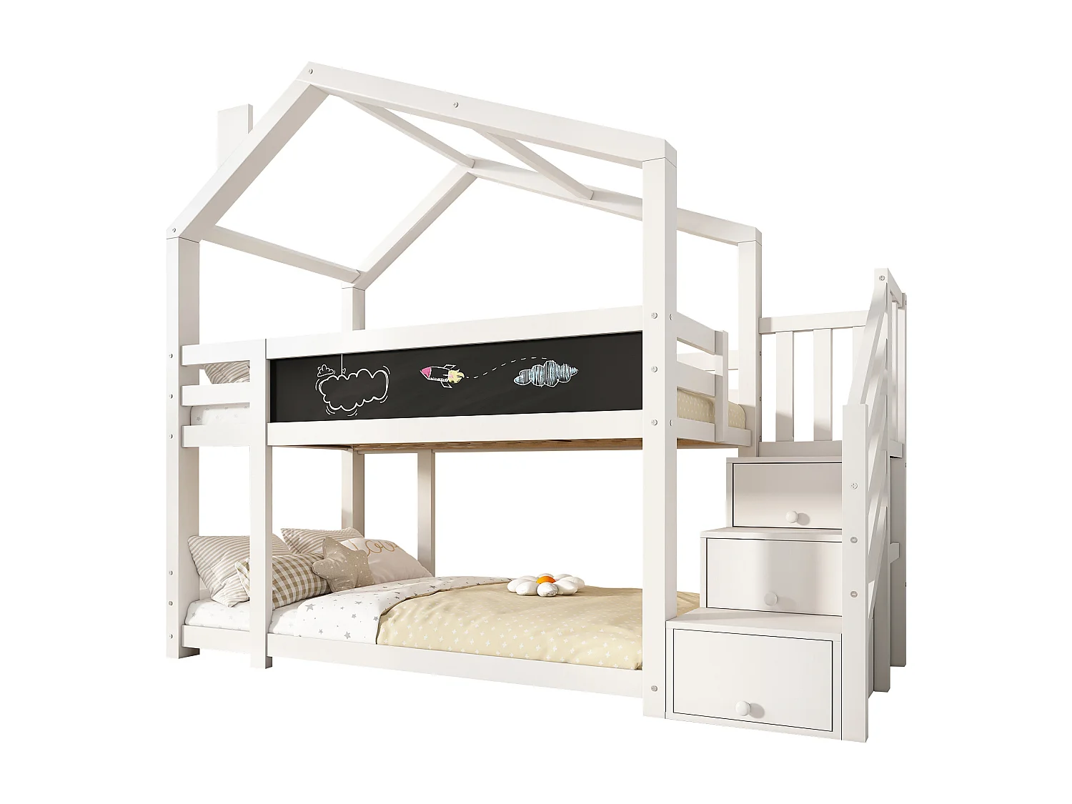Lit cabane 90×200 avec cheminée, rangements & panneau ardoise, blanc, 2 sommiers (sans matelas)