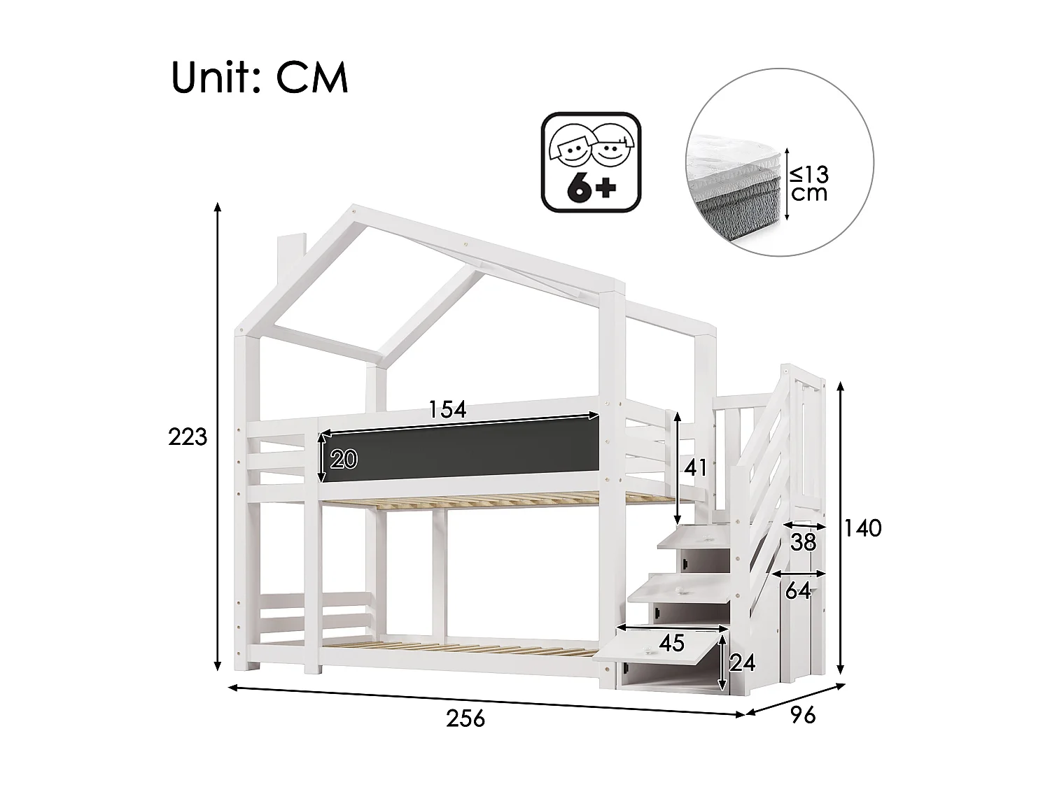 Lit cabane 90×200 avec cheminée, rangements & panneau ardoise, blanc, 2 sommiers (sans matelas)