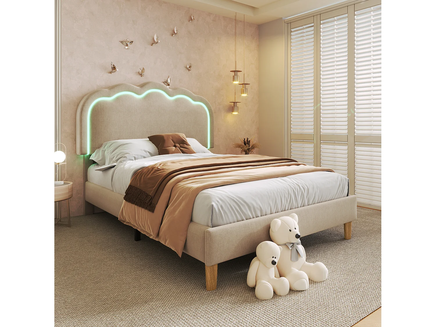 Lit simple rembourré LED 90 x 190 cm, cadre avec sommier et tête réglable, beige, Velours, pour chambre