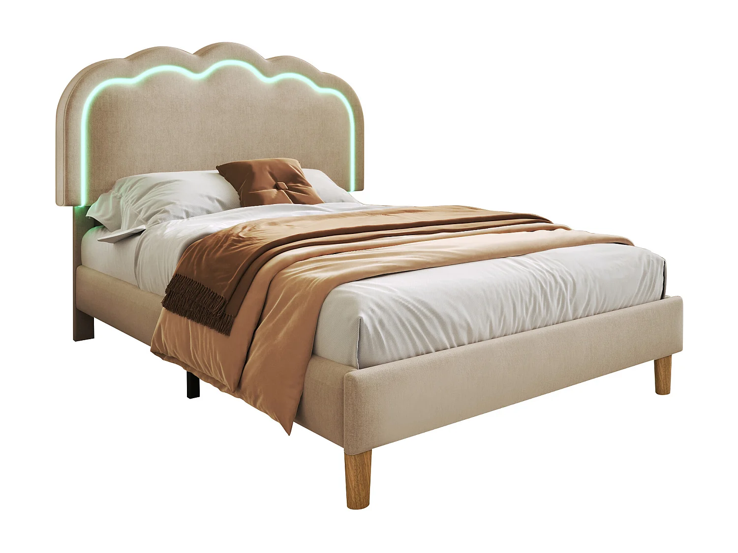 Lit simple rembourré LED 90 x 190 cm, cadre avec sommier et tête réglable, beige, Velours, pour chambre