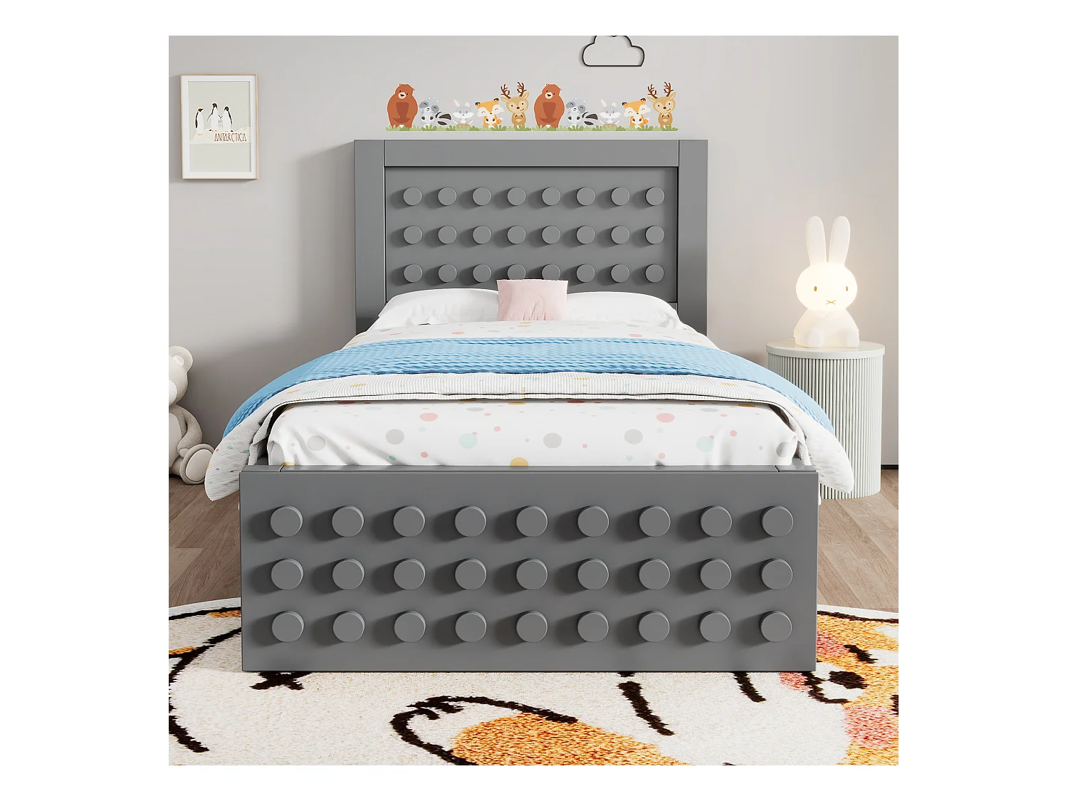 Lit en bois 90x200 cm, lit enfant design blocs, structure bois massif avec sommier et tiroirs, gris, sans matelas