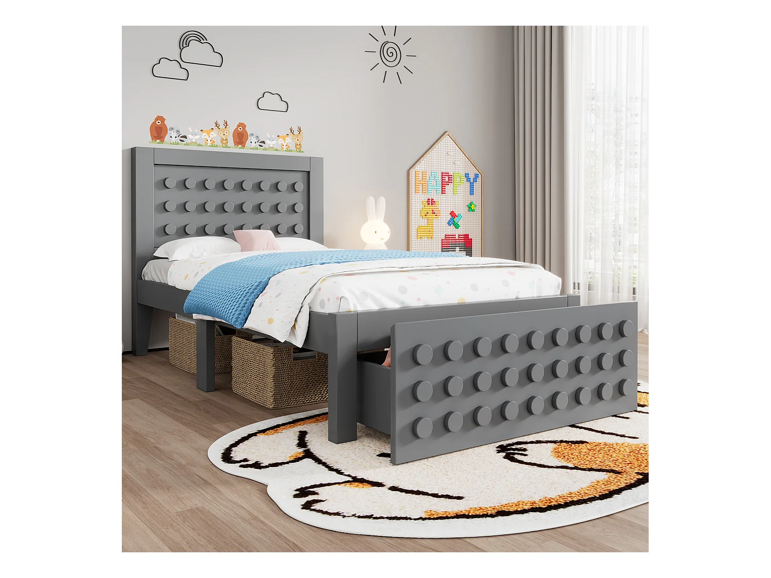 Lit en bois 90x200 cm, lit enfant design blocs, structure bois massif avec sommier et tiroirs, gris, sans matelas