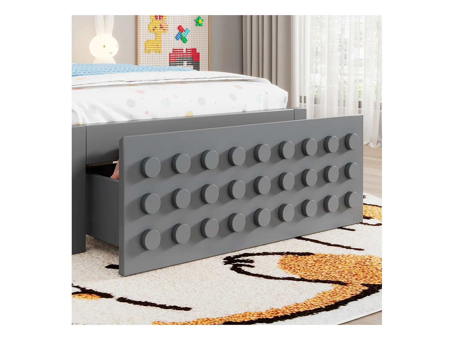 Lit en bois 90x200 cm, lit enfant design blocs, structure bois massif avec sommier et tiroirs, gris, sans matelas