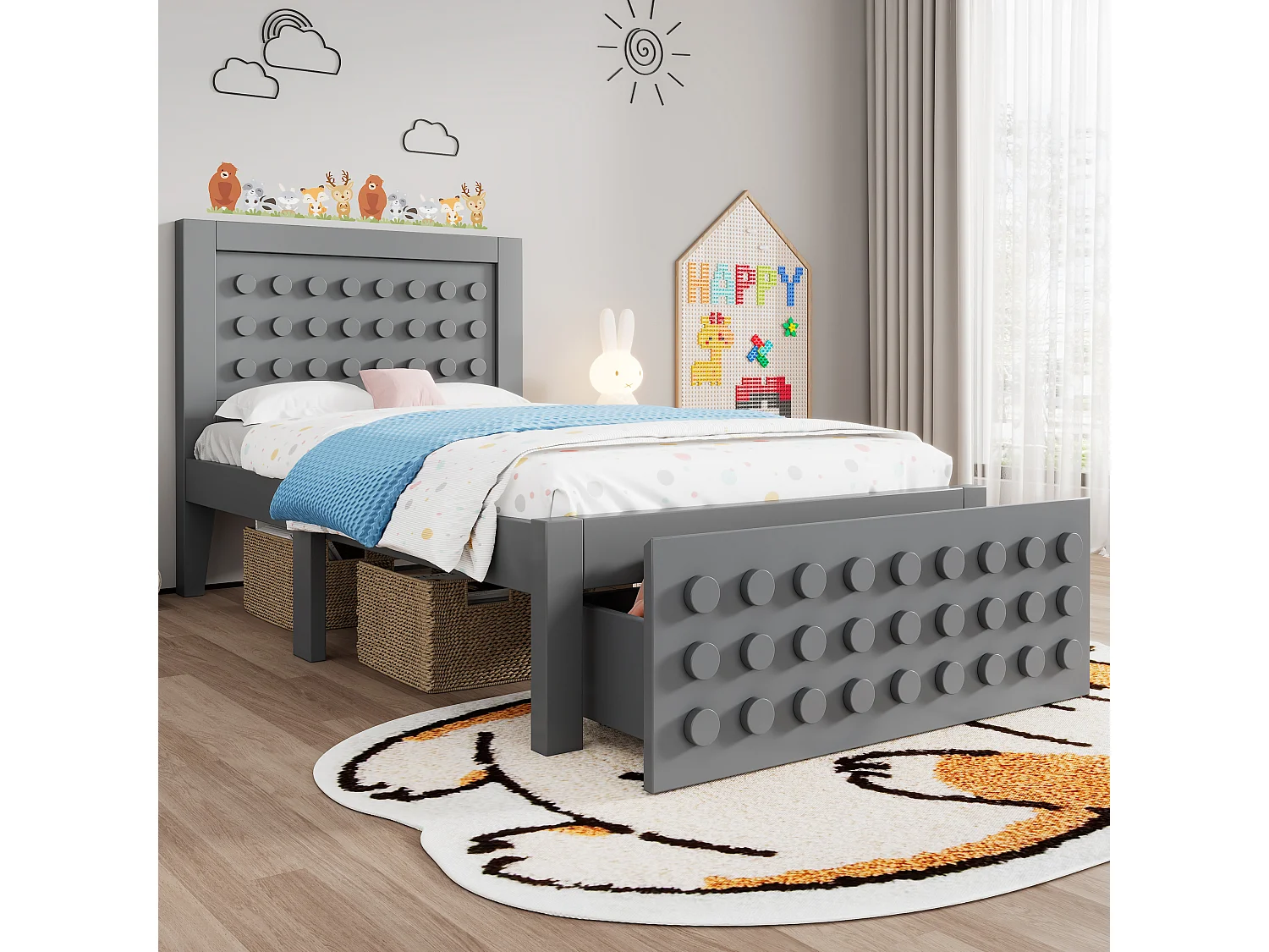 Lit en bois 90x200 cm, lit enfant design blocs, structure bois massif avec sommier et tiroirs, gris, sans matelas