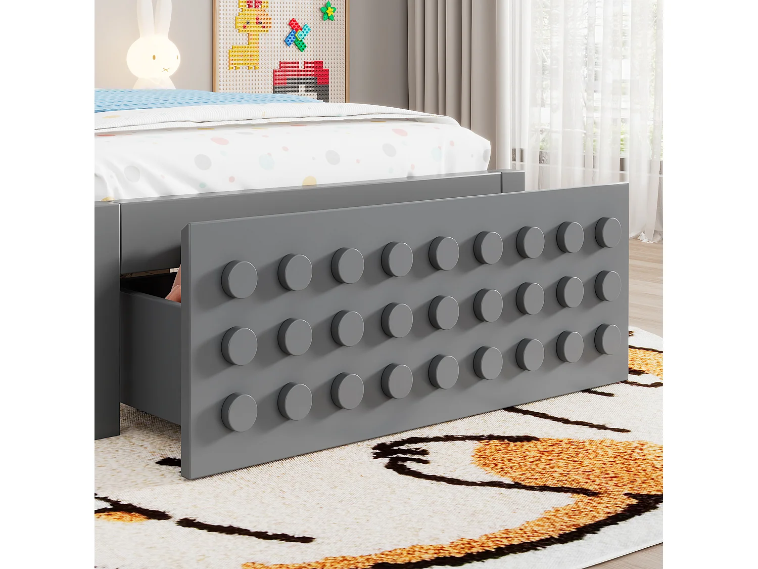Lit en bois 90x200 cm, lit enfant design blocs, structure bois massif avec sommier et tiroirs, gris, sans matelas