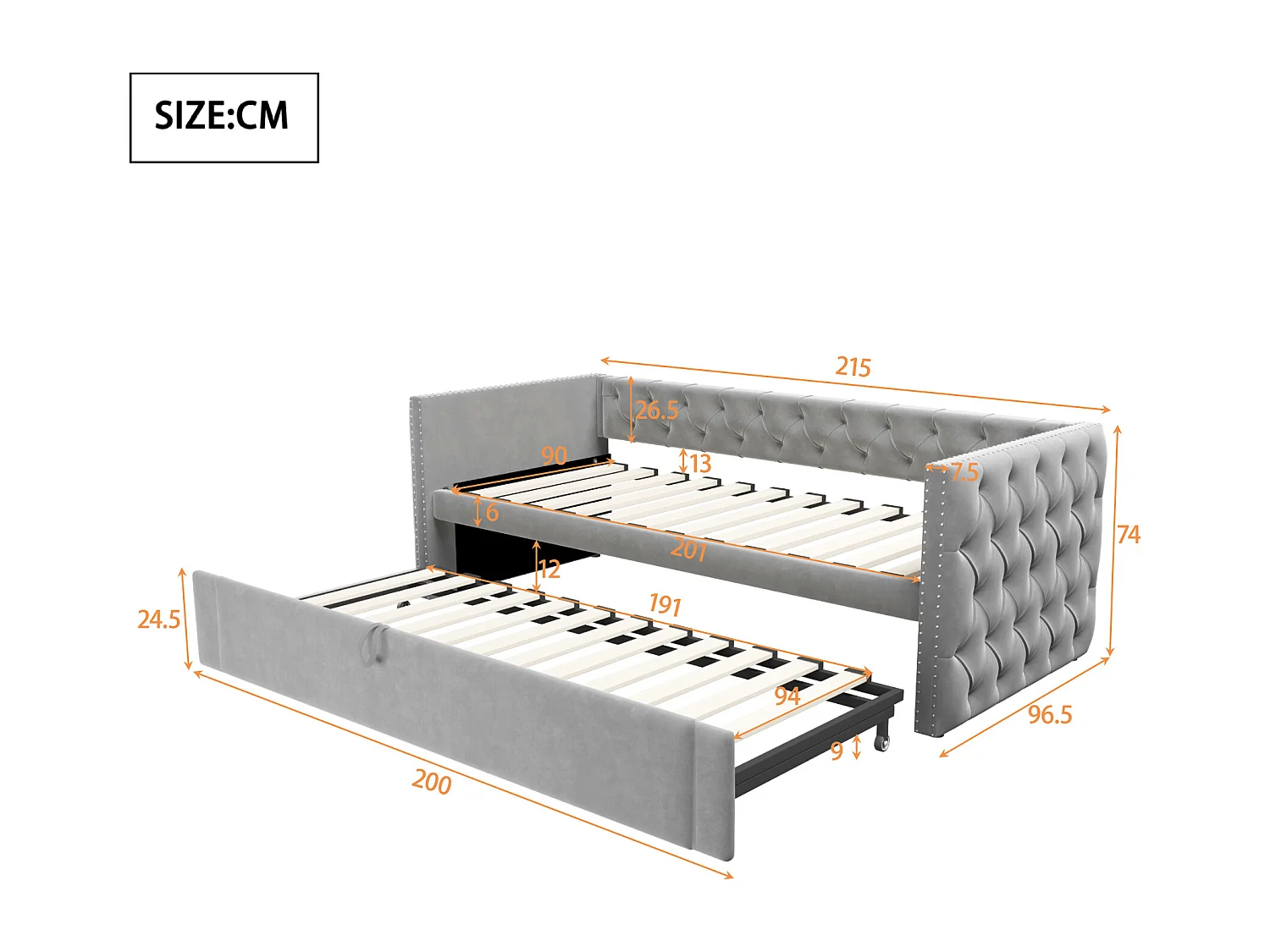 Lit rembourré extensible 90x200 cm avec boutons, velours gris clair, sommier inclus, lit d’appoint multifonction