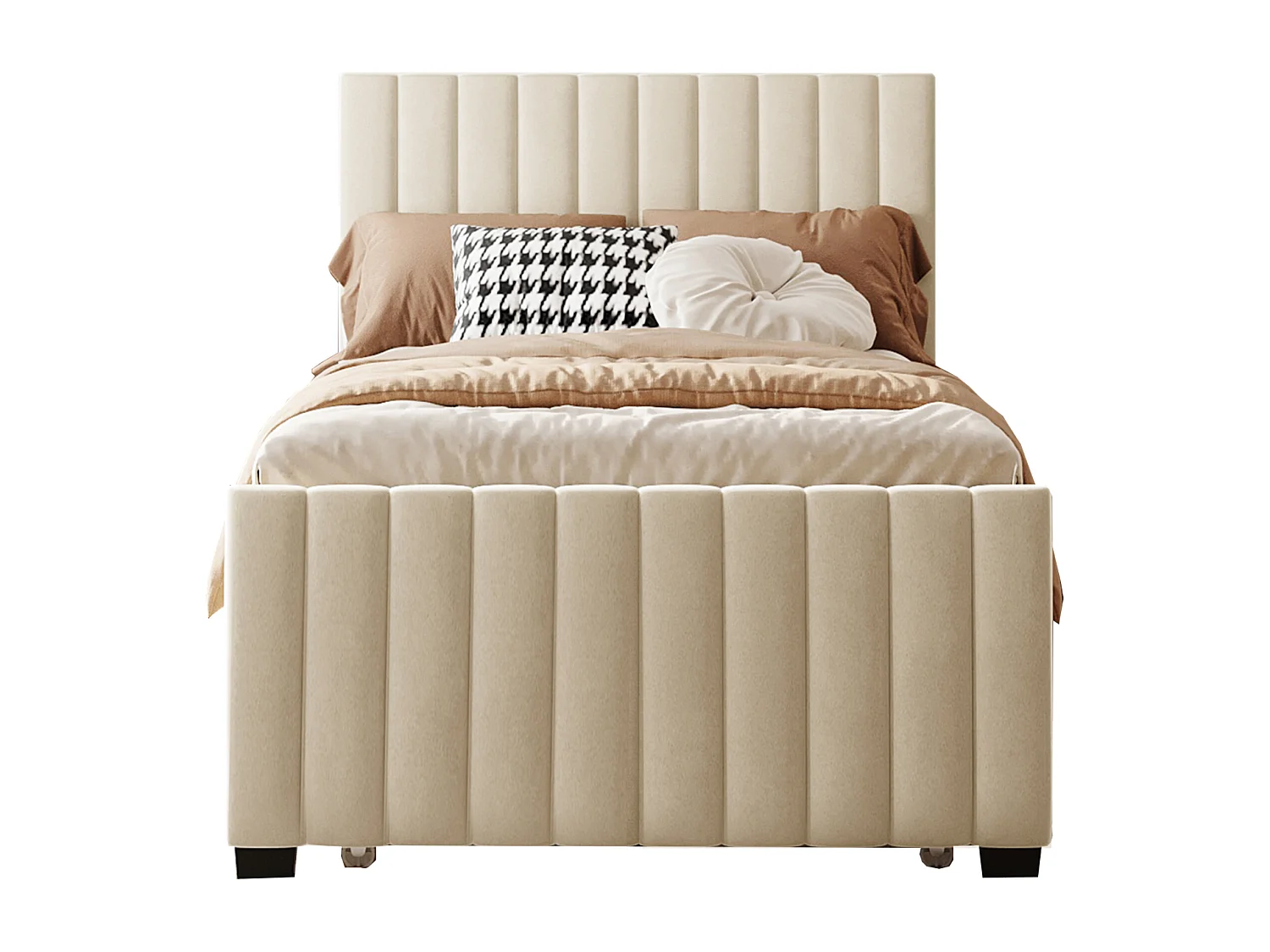 Lit rembourré 90x190 cm avec lit gigogne, lit simple plat en velours doux beige, idéal enfant ou invité