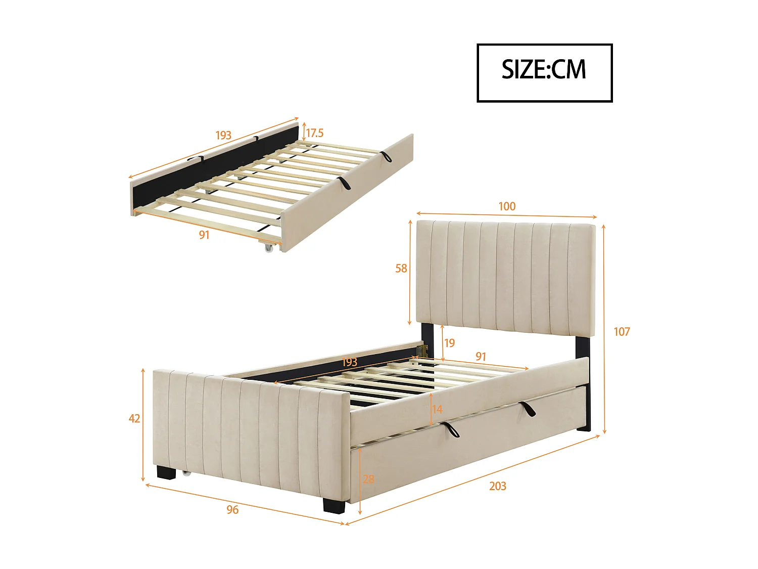 Lit rembourré 90x190 cm avec lit gigogne, lit simple plat en velours doux beige, idéal enfant ou invité