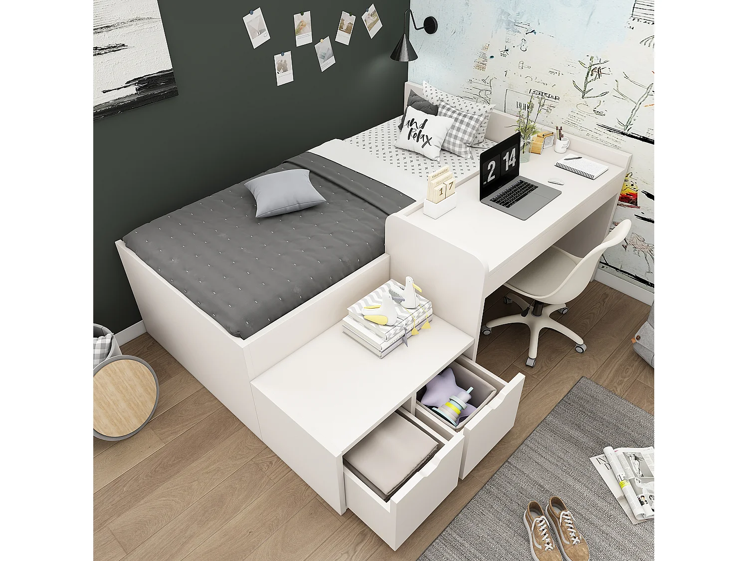 Lit enfant en bois massif avec bureau et tiroirs, 90x200 cm, blanc, avec sommier, sans matelas