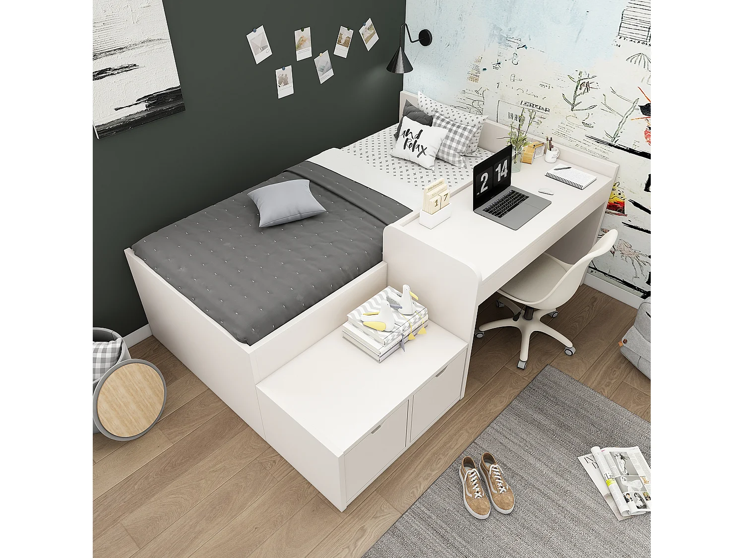 Lit enfant en bois massif avec bureau et tiroirs, 90x200 cm, blanc, avec sommier, sans matelas