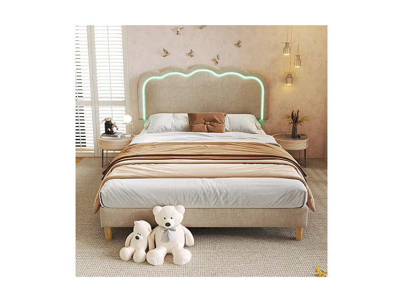 Lit double rembourré LED 140 x 200 cm, cadre avec sommier et tête réglable, Beige, Lin, pour chambre