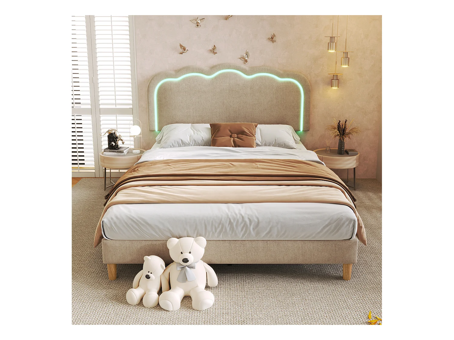 Lit double rembourré LED 140 x 200 cm, cadre avec sommier et tête réglable, Beige, Lin, pour chambre