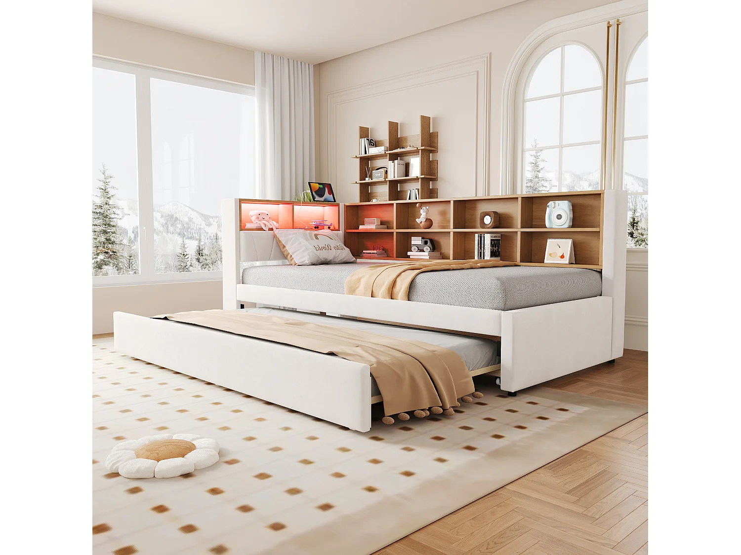 Lit rembourré 90x200 cm avec lit tiroir 90x190 cm, LED, ports USB et espaces de rangement, flanelle beige