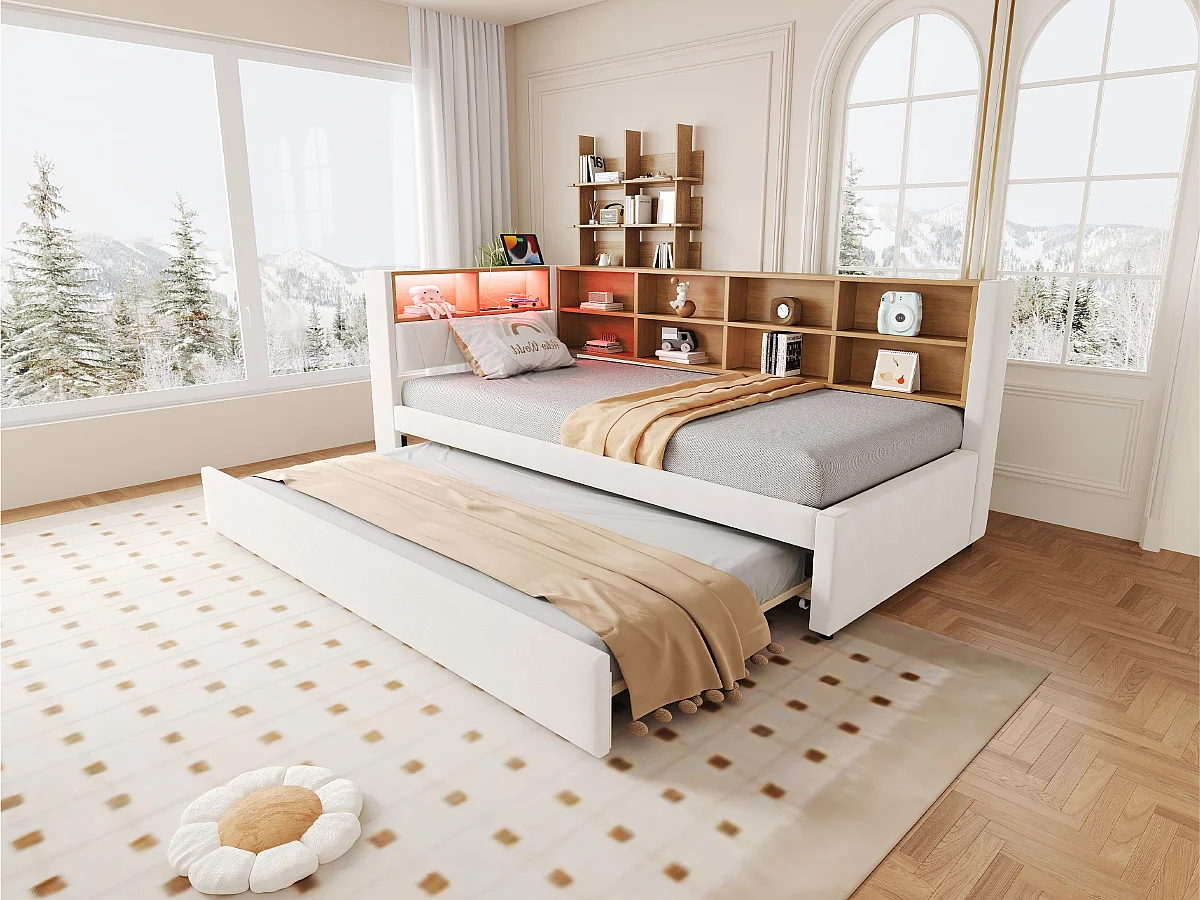 Lit rembourré 90x200 cm avec lit tiroir 90x190 cm, LED, ports USB et espaces de rangement, flanelle beige