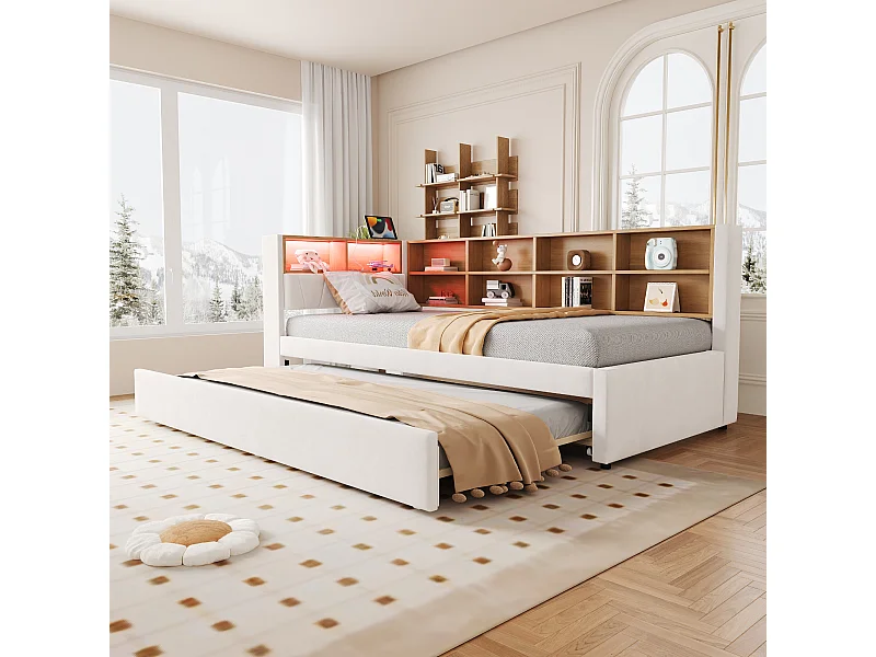 Lit rembourré 90x200 cm avec lit tiroir 90x190 cm, LED, ports USB et espaces de rangement, flanelle beige