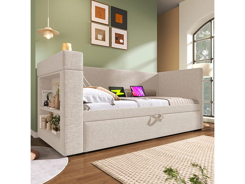 Lit banquette capitonné 90×190 cm, lit simple extensible avec ports USB-C et porte-gobelet, tissu lin beige, sans matelas