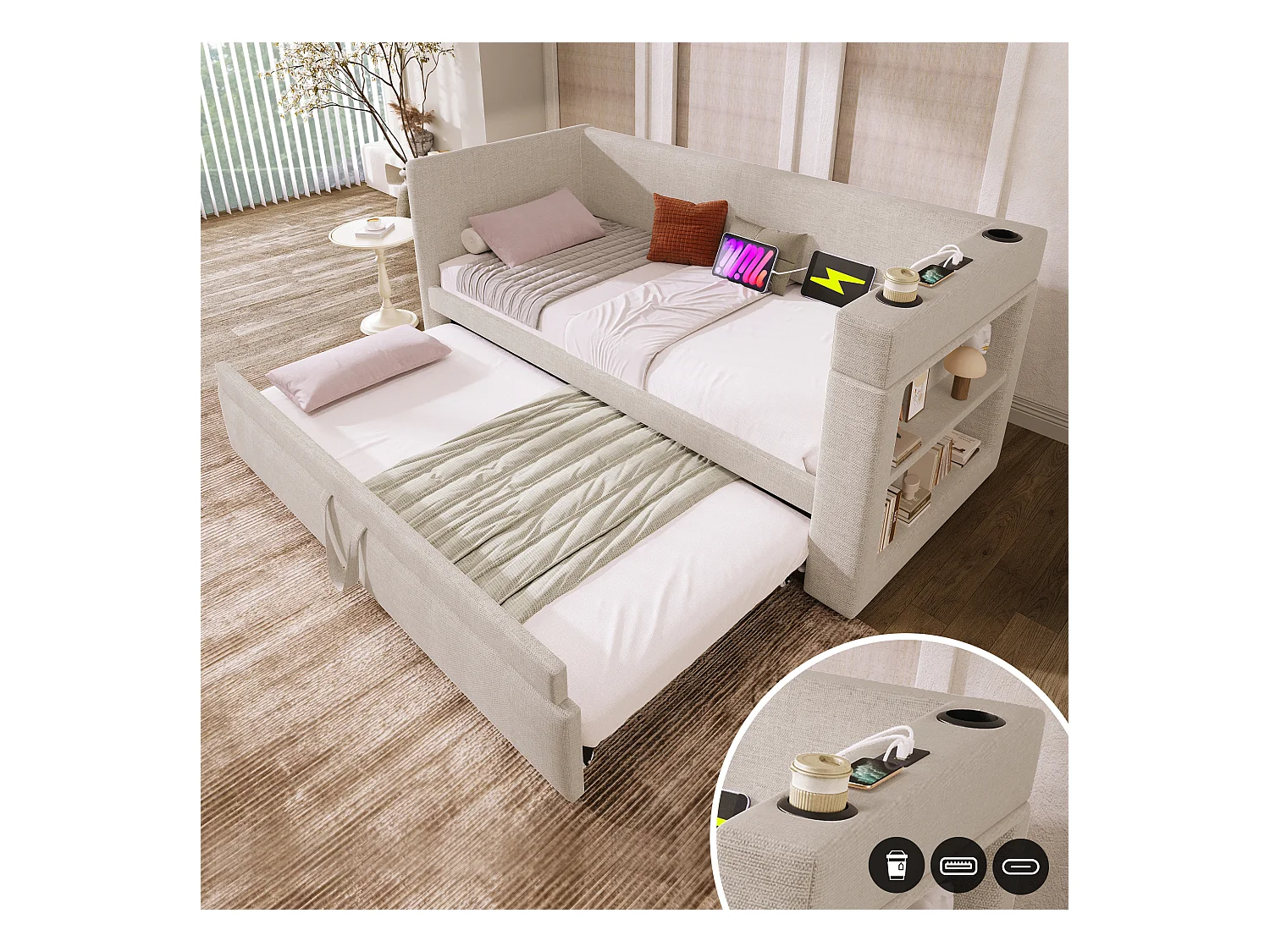 Lit banquette capitonné 90×190 cm, lit simple extensible avec ports USB-C et porte-gobelet, tissu lin beige, sans matelas
