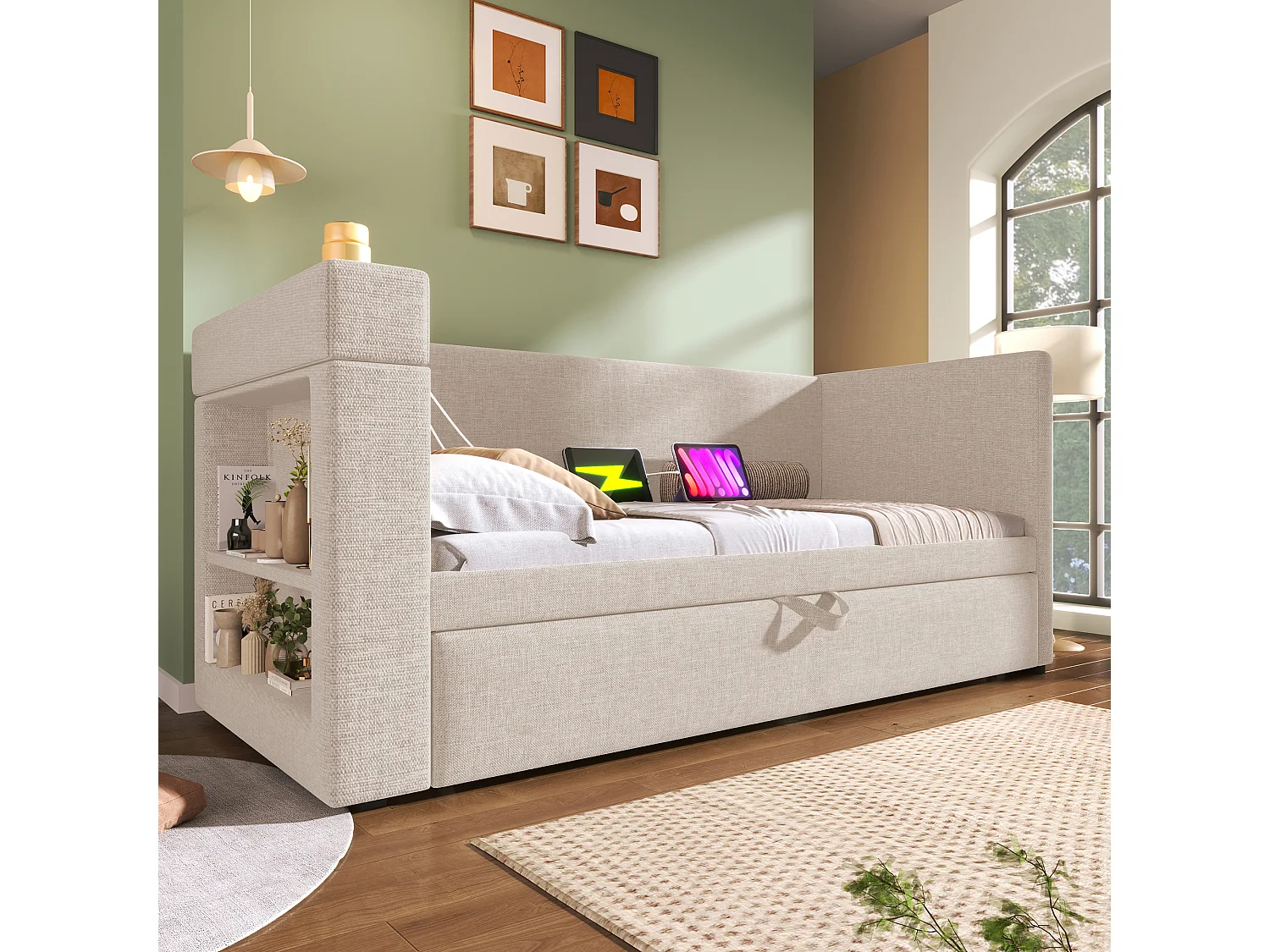 Lit banquette capitonné 90×190 cm, lit simple extensible avec ports USB-C et porte-gobelet, tissu lin beige, sans matelas
