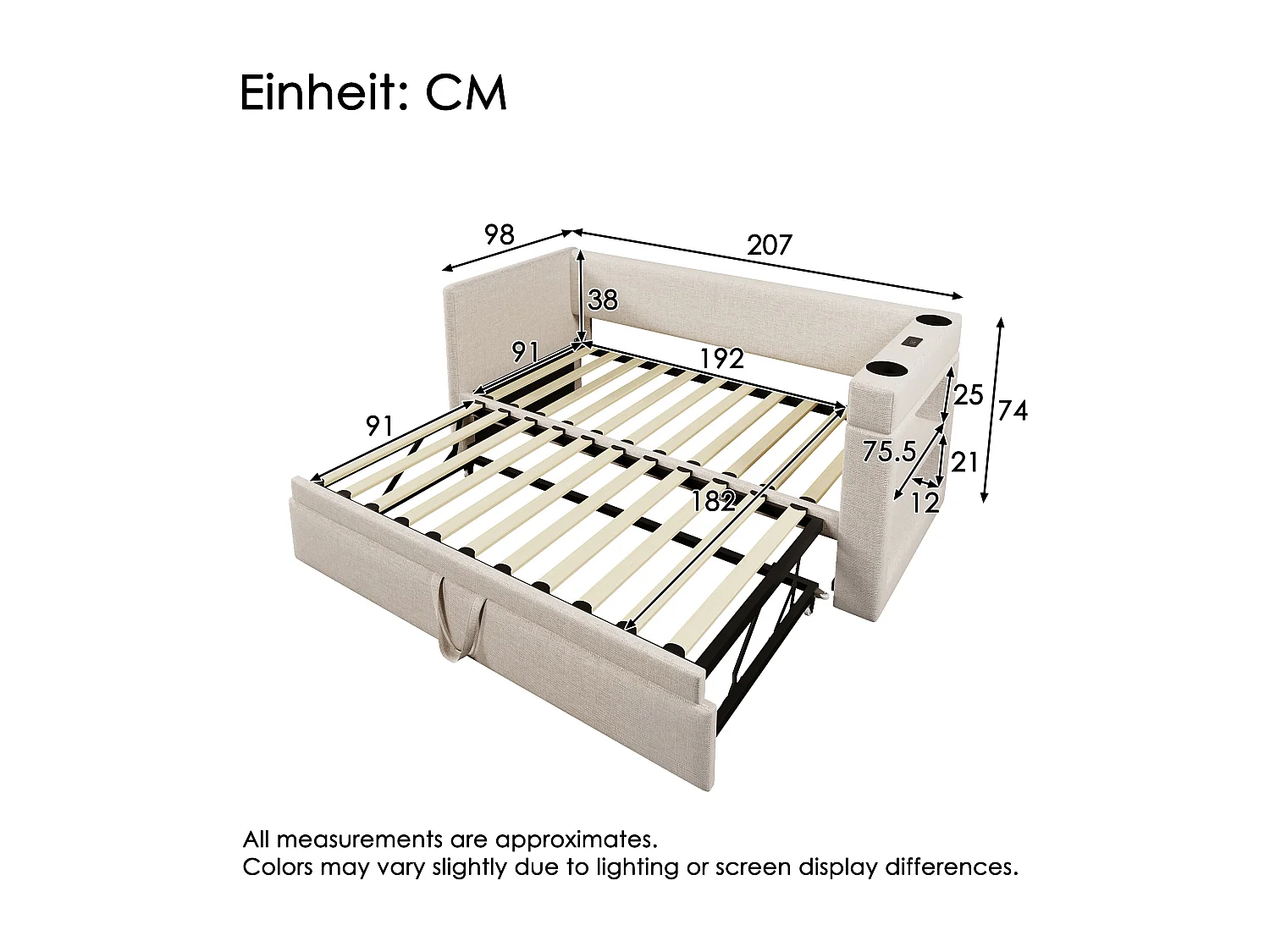 Lit banquette capitonné 90×190 cm, lit simple extensible avec ports USB-C et porte-gobelet, tissu lin beige, sans matelas