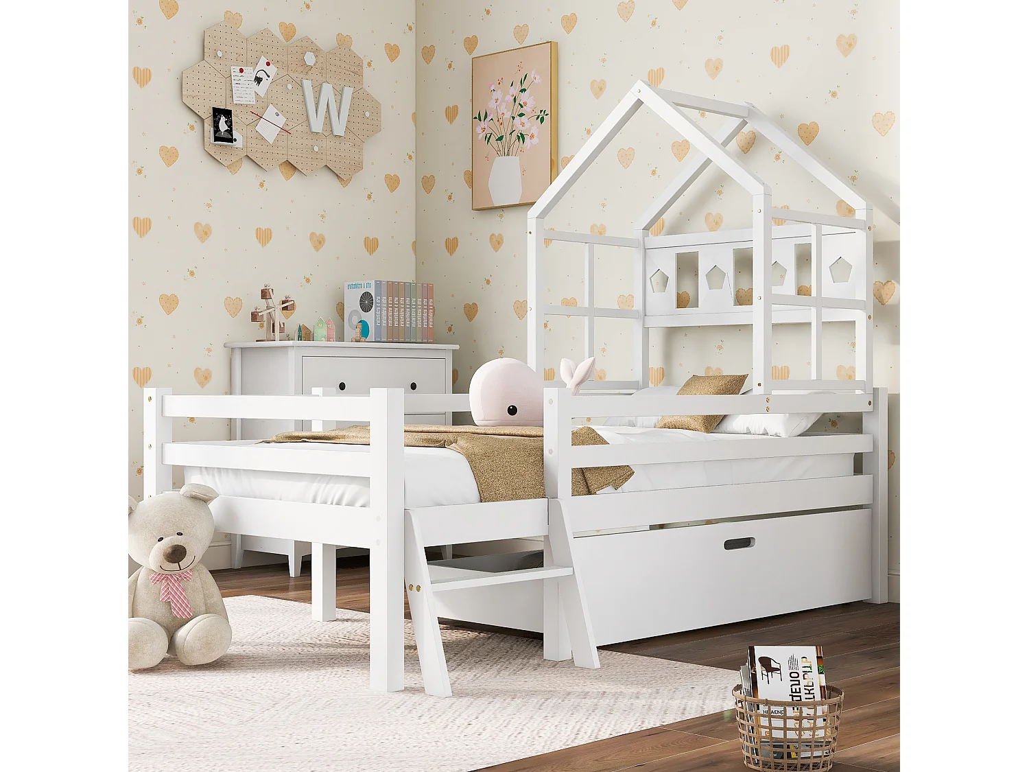 Lit cabane enfant avec échelle et tiroirs, sommier inclus, bois massif blanc 90x200 cm, sans matelas