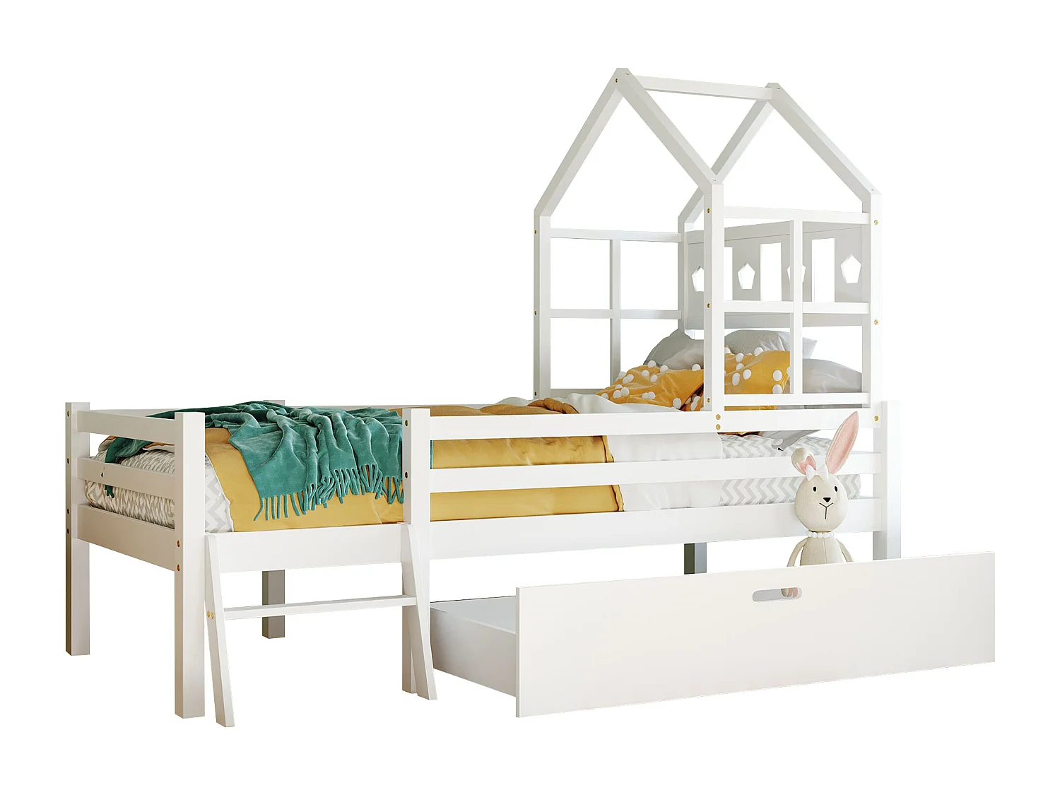 Lit cabane enfant avec échelle et tiroirs, sommier inclus, bois massif blanc 90x200 cm, sans matelas