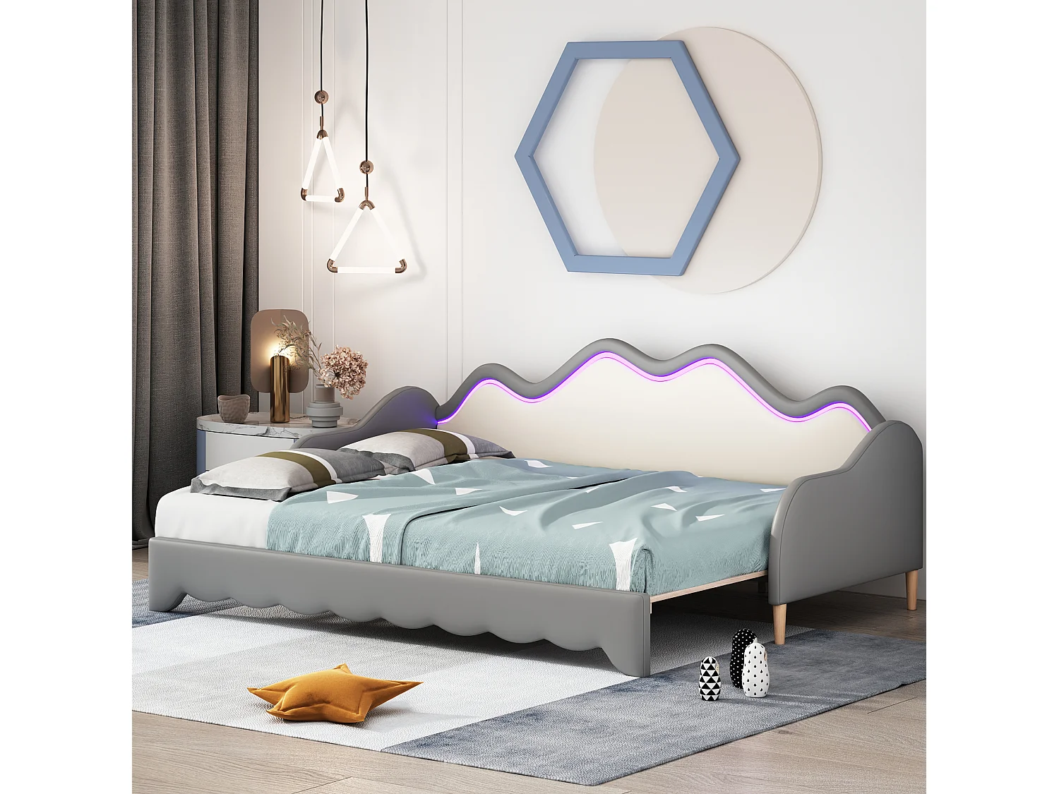 Lit rembourré 90(180)x190 cm 2 en 1, canapé-lit multifonction en cuir synthétique gris avec LED et sommier