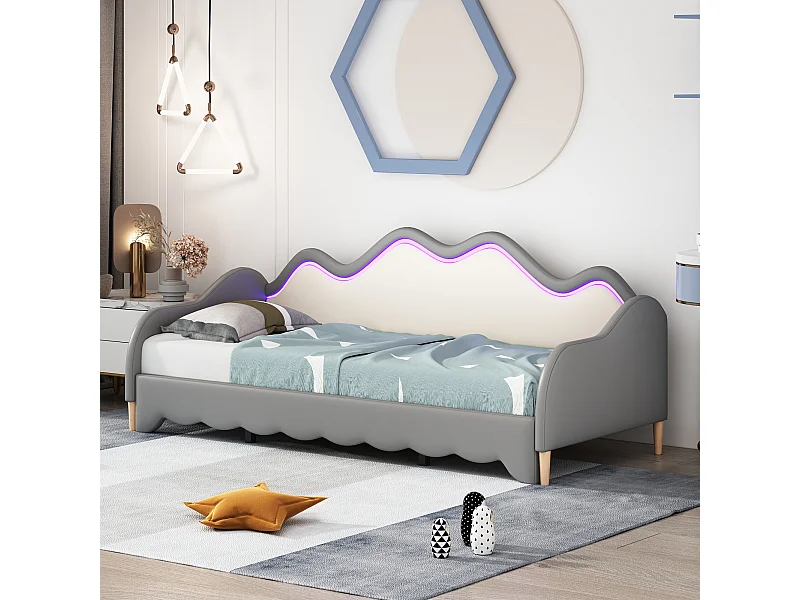 Lit rembourré 90(180)x190 cm 2 en 1, canapé-lit multifonction en cuir synthétique gris avec LED et sommier