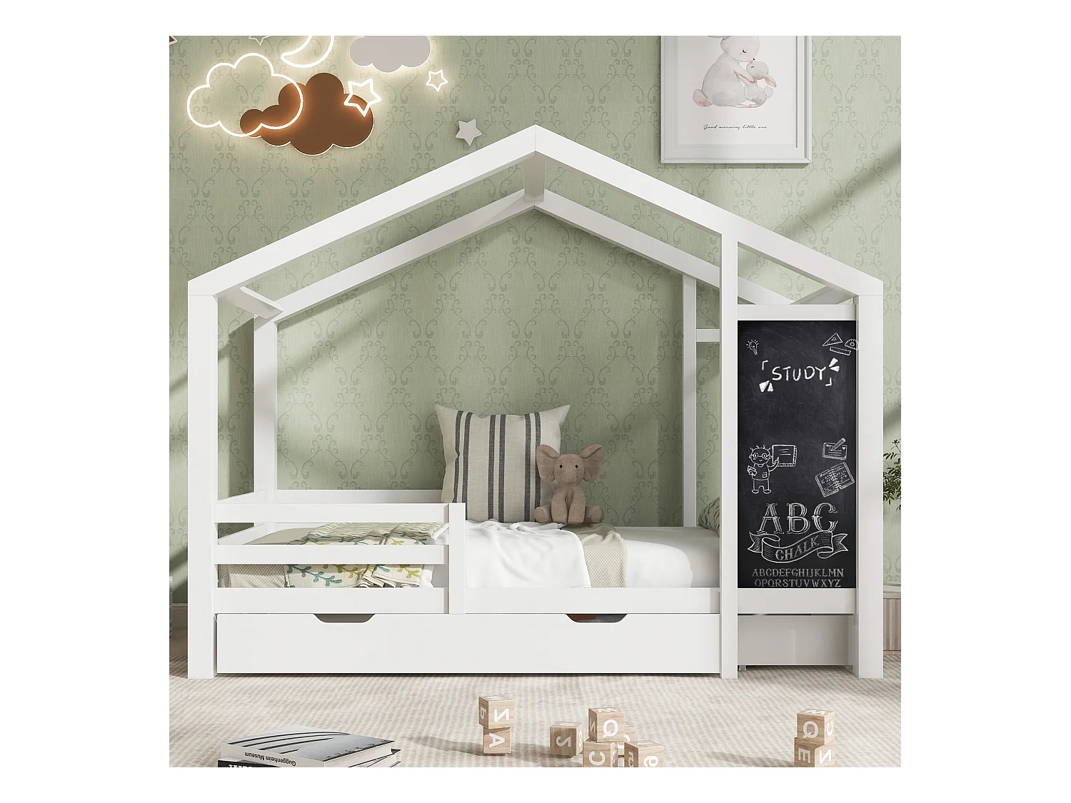 Lit maison Kinderbett 90x200 cm en bois avec tableau et 2 tiroirs, garde-corps inclus, Blanc, sans matelas