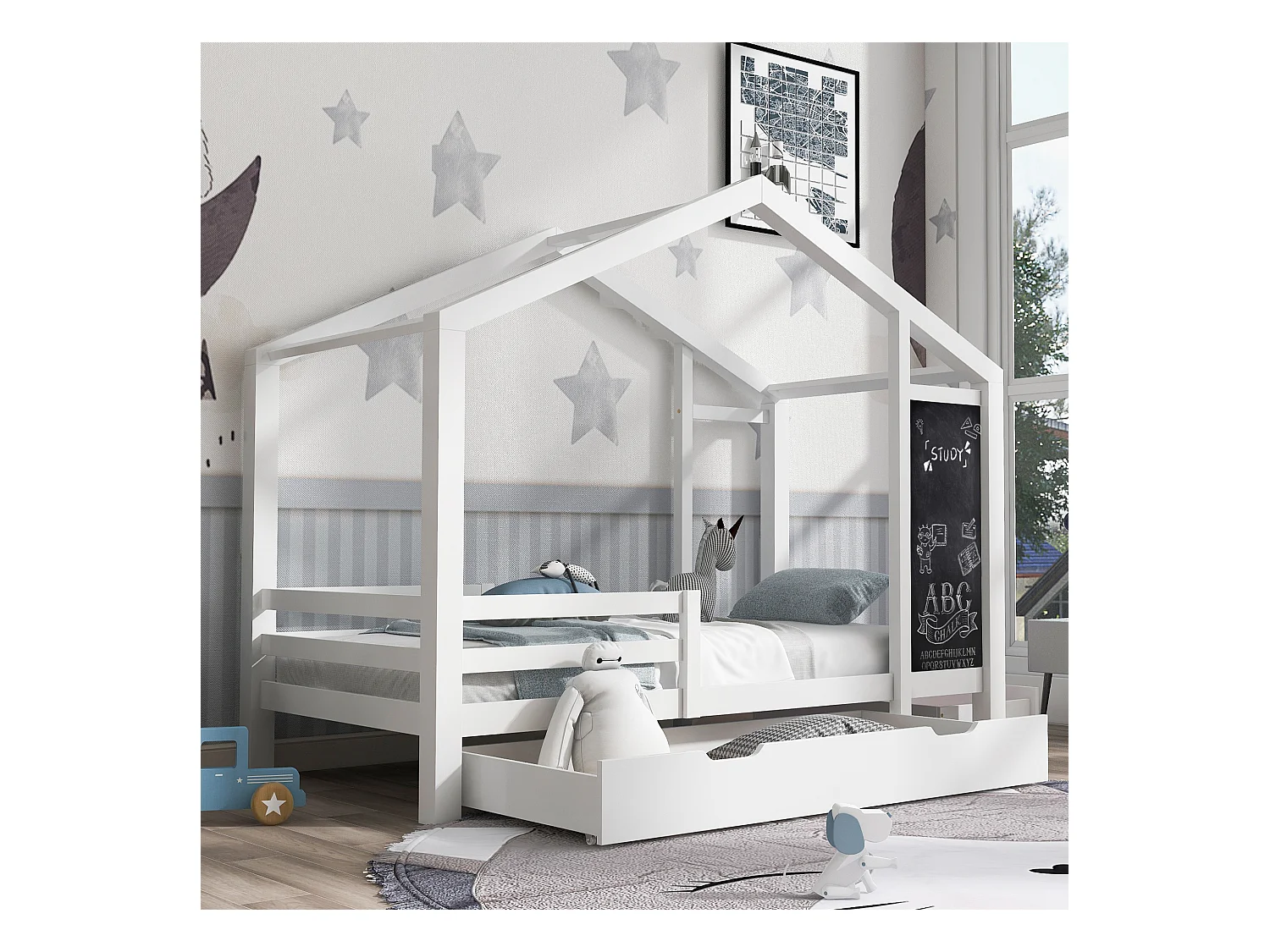 Lit maison Kinderbett 90x200 cm en bois avec tableau et 2 tiroirs, garde-corps inclus, Blanc, sans matelas