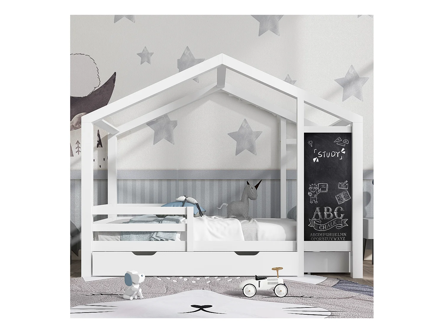 Lit maison Kinderbett 90x200 cm en bois avec tableau et 2 tiroirs, garde-corps inclus, Blanc, sans matelas