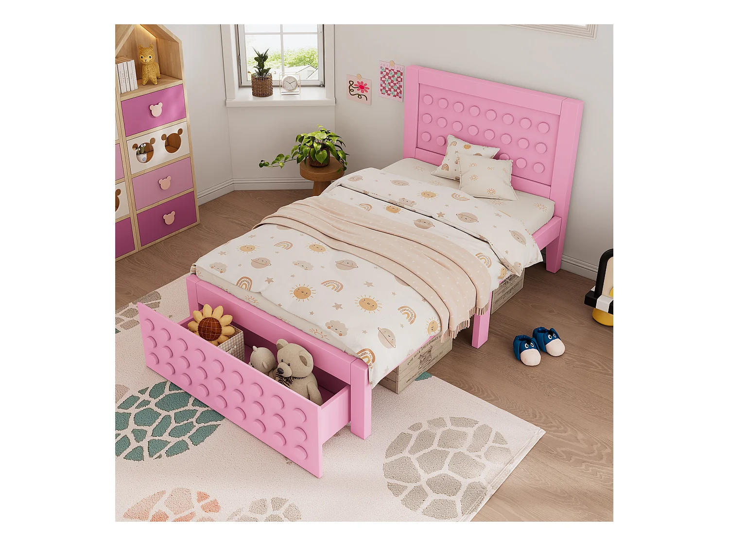 Lit en bois 90x200 cm, lit enfant design blocs, structure bois massif avec sommier et tiroirs, rose, sans matelas