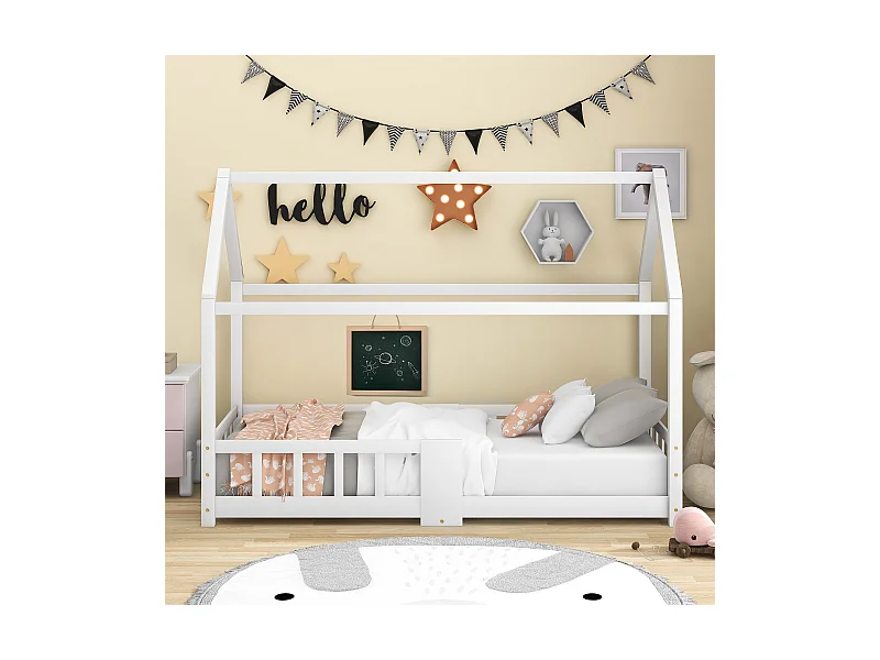Lit maison Kinderbett 90x200 cm en bois de pin pour chambre d’enfant, tableau et lattes inclus, garde-corps, Blanc, sans matelas