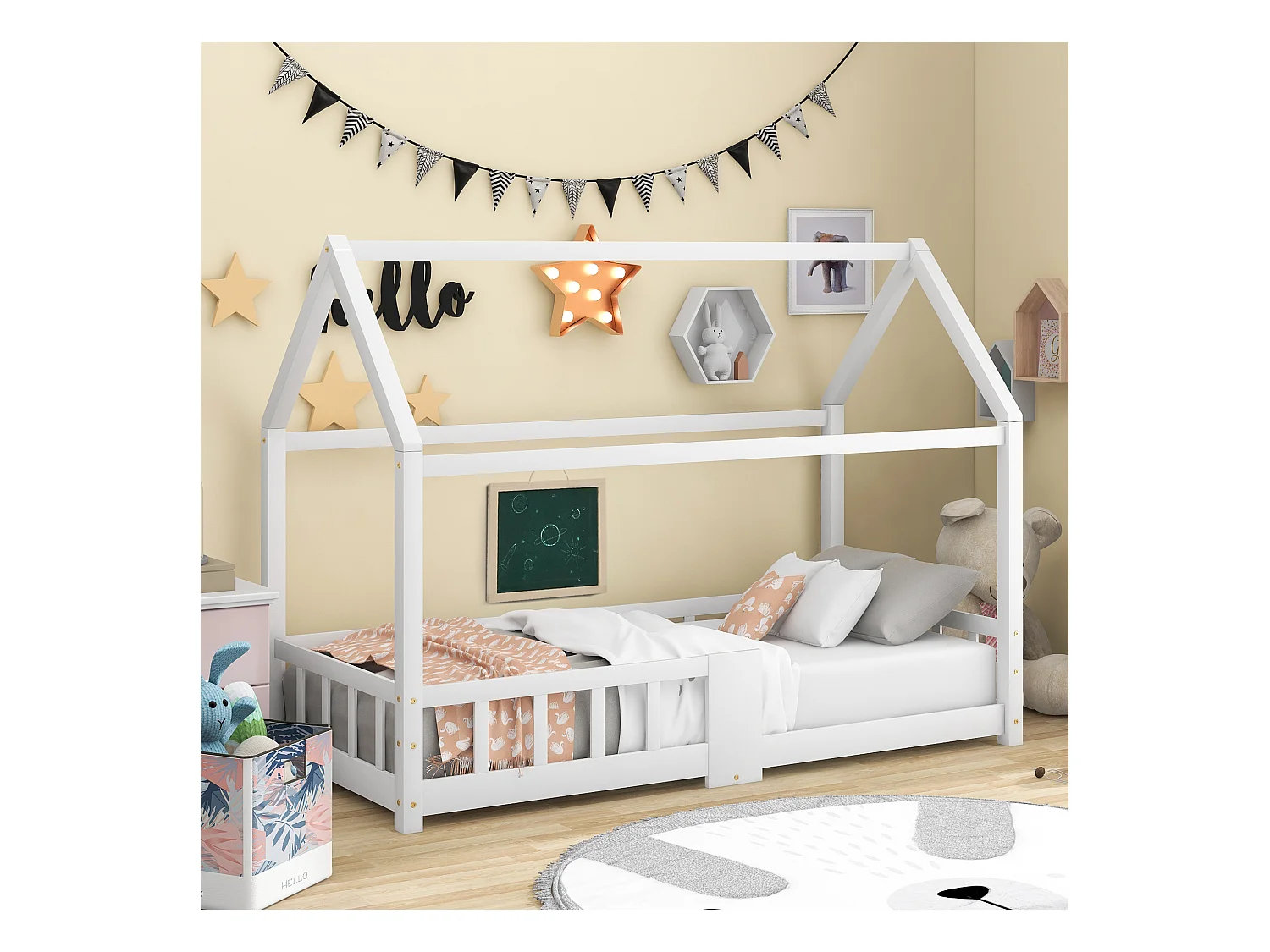 Lit maison Kinderbett 90x200 cm en bois de pin pour chambre d’enfant, tableau et lattes inclus, garde-corps, Blanc, sans matelas