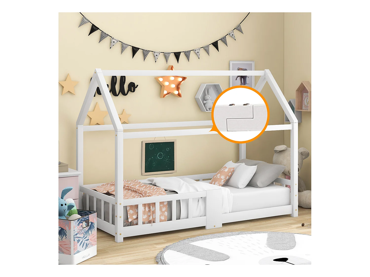 Lit maison Kinderbett 90x200 cm en bois de pin pour chambre d’enfant, tableau et lattes inclus, garde-corps, Blanc, sans matelas