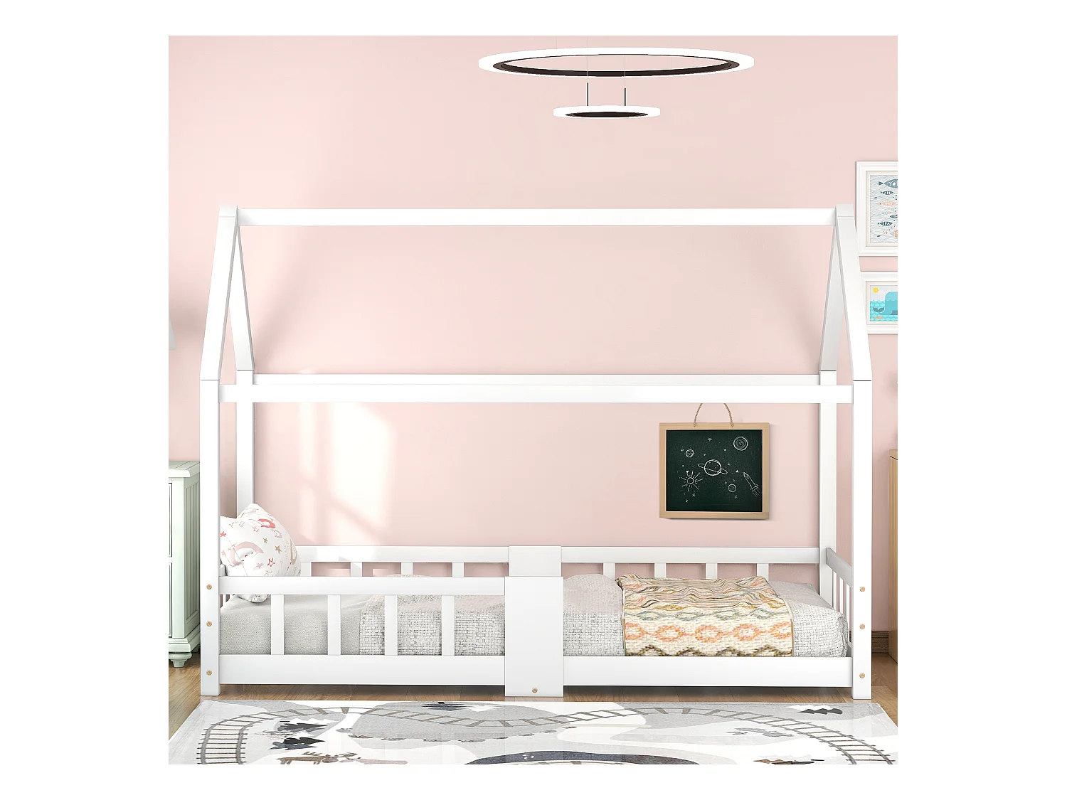 Lit maison Kinderbett 90x200 cm en bois de pin pour chambre d’enfant, tableau et lattes inclus, garde-corps, Blanc, sans matelas