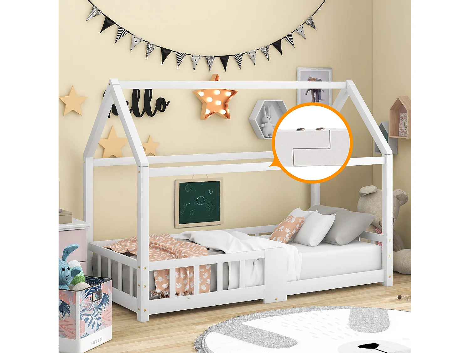 Lit maison Kinderbett 90x200 cm en bois de pin pour chambre d’enfant, tableau et lattes inclus, garde-corps, Blanc, sans matelas