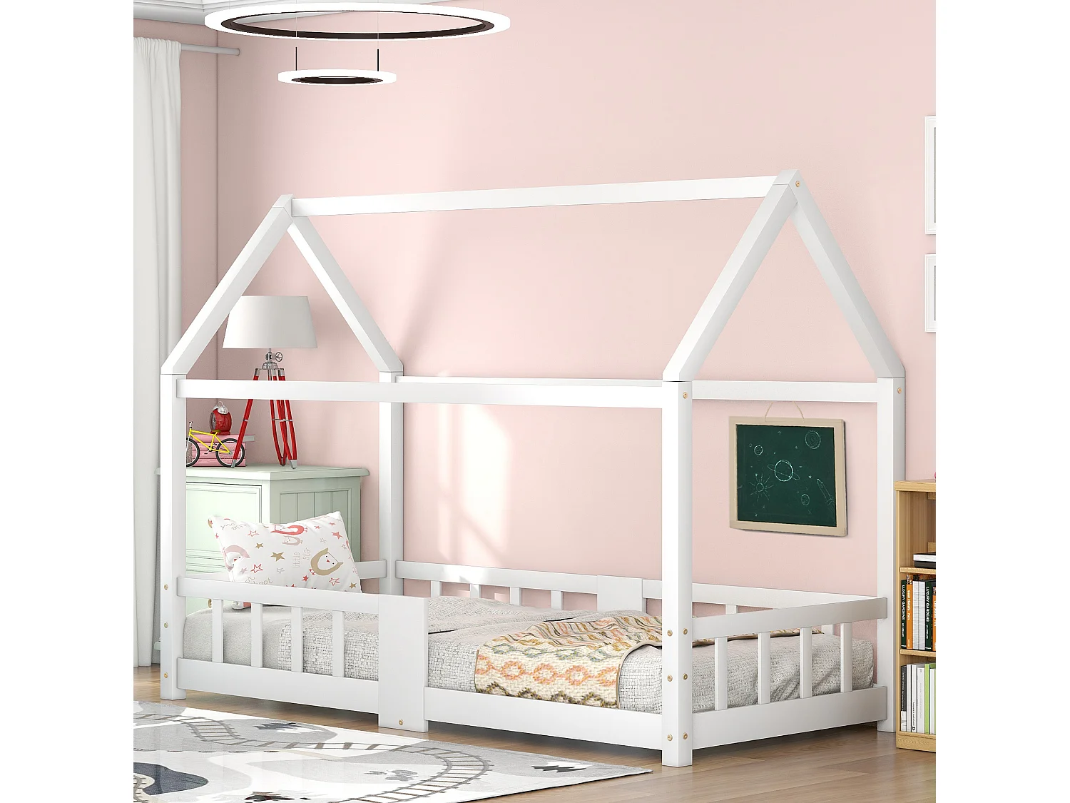Lit maison Kinderbett 90x200 cm en bois de pin pour chambre d’enfant, tableau et lattes inclus, garde-corps, Blanc, sans matelas
