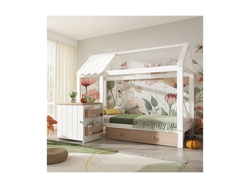 Lit maison Kinderbett 90x200 cm en bois massif avec tiroirs et table de chevet amovible, Blanc et Chêne, sans matelas