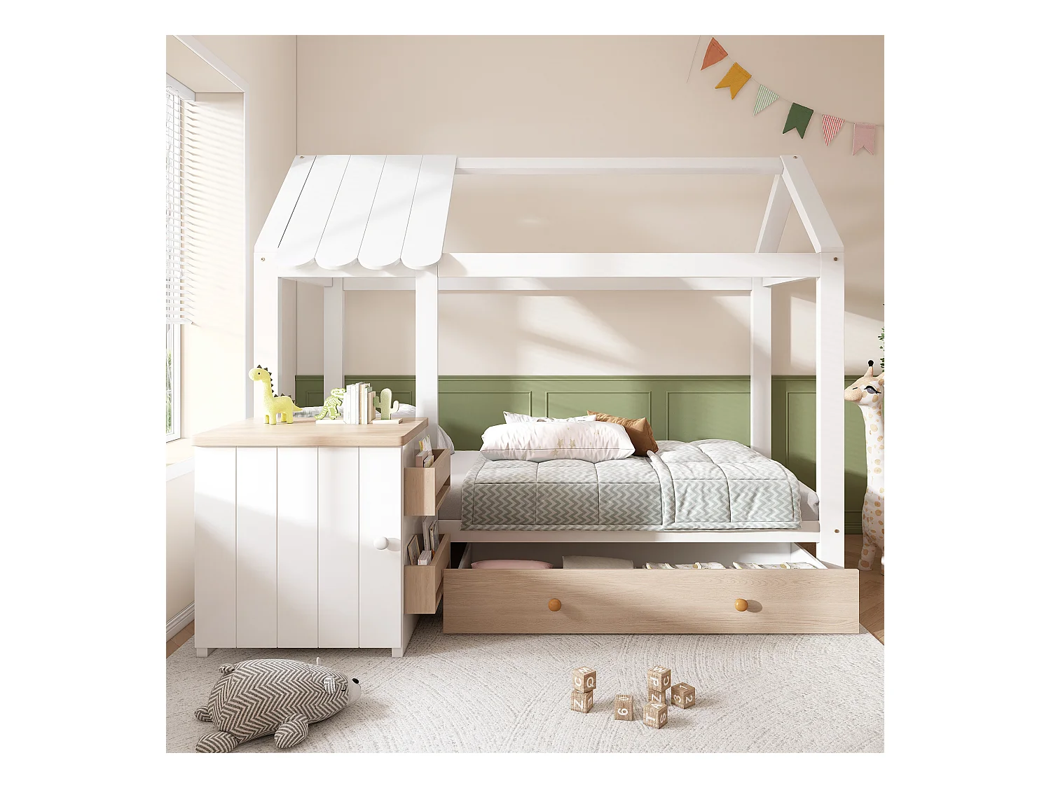 Lit maison Kinderbett 90x200 cm en bois massif avec tiroirs et table de chevet amovible, Blanc et Chêne, sans matelas
