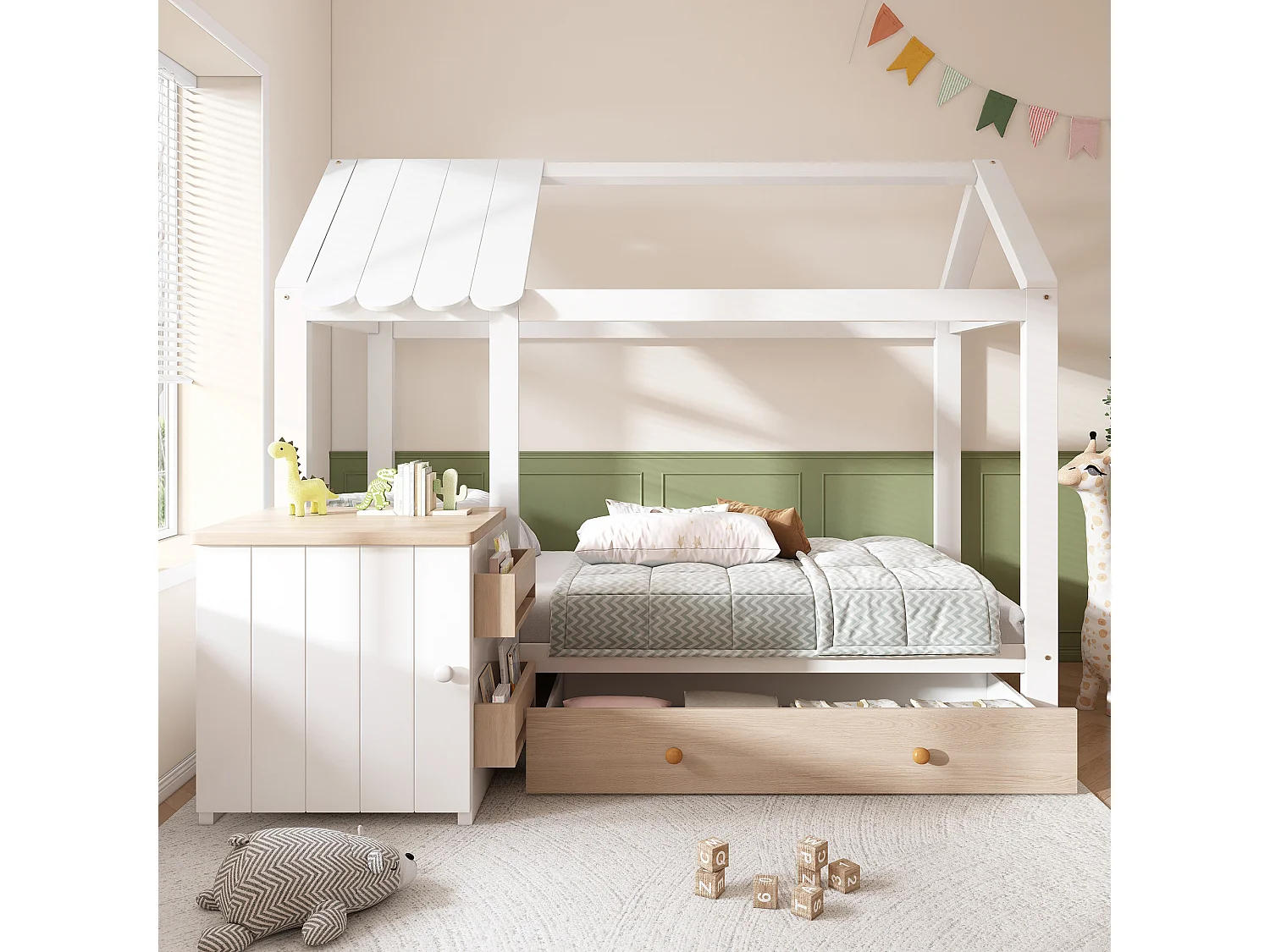 Lit maison Kinderbett 90x200 cm en bois massif avec tiroirs et table de chevet amovible, Blanc et Chêne, sans matelas
