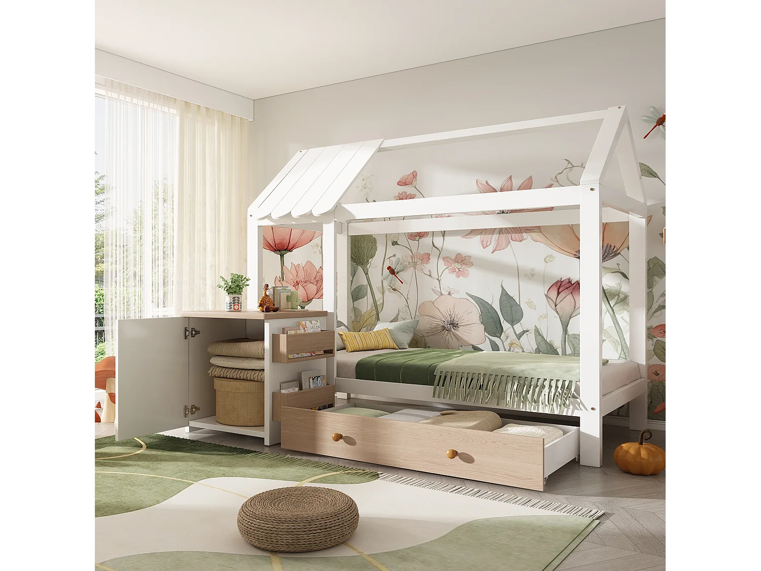Lit maison Kinderbett 90x200 cm en bois massif avec tiroirs et table de chevet amovible, Blanc et Chêne, sans matelas
